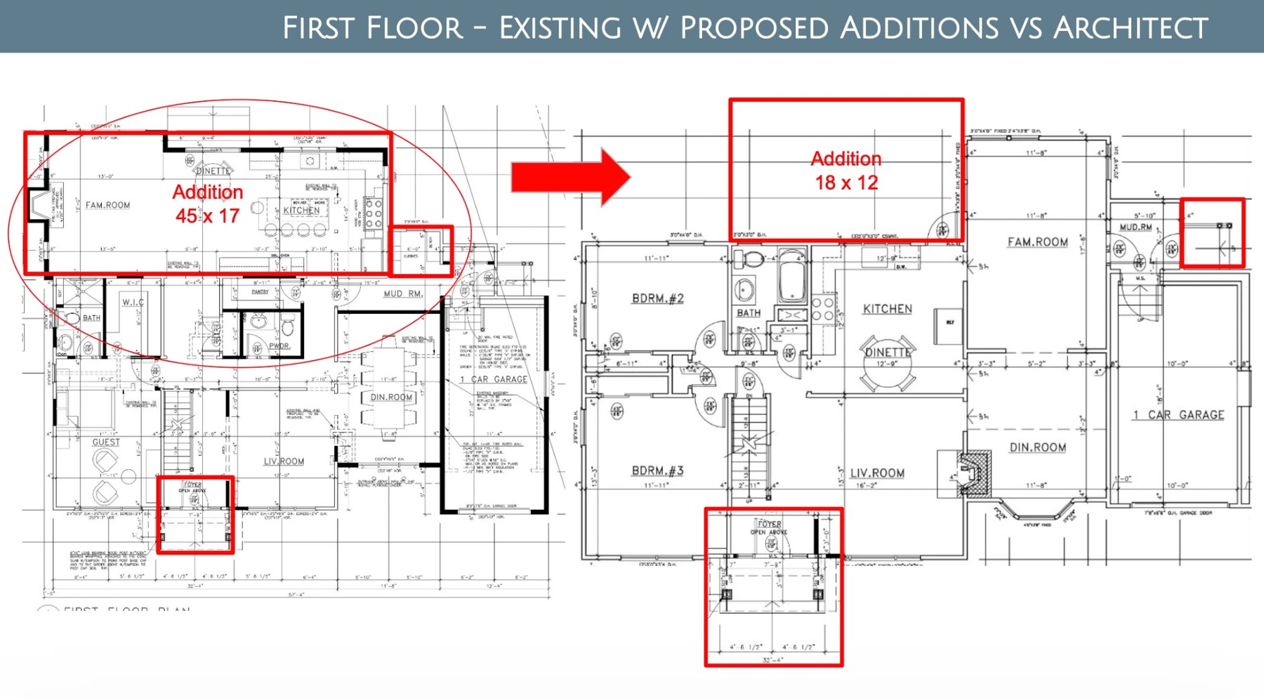 First floor — existing with proposed additions vs. architect