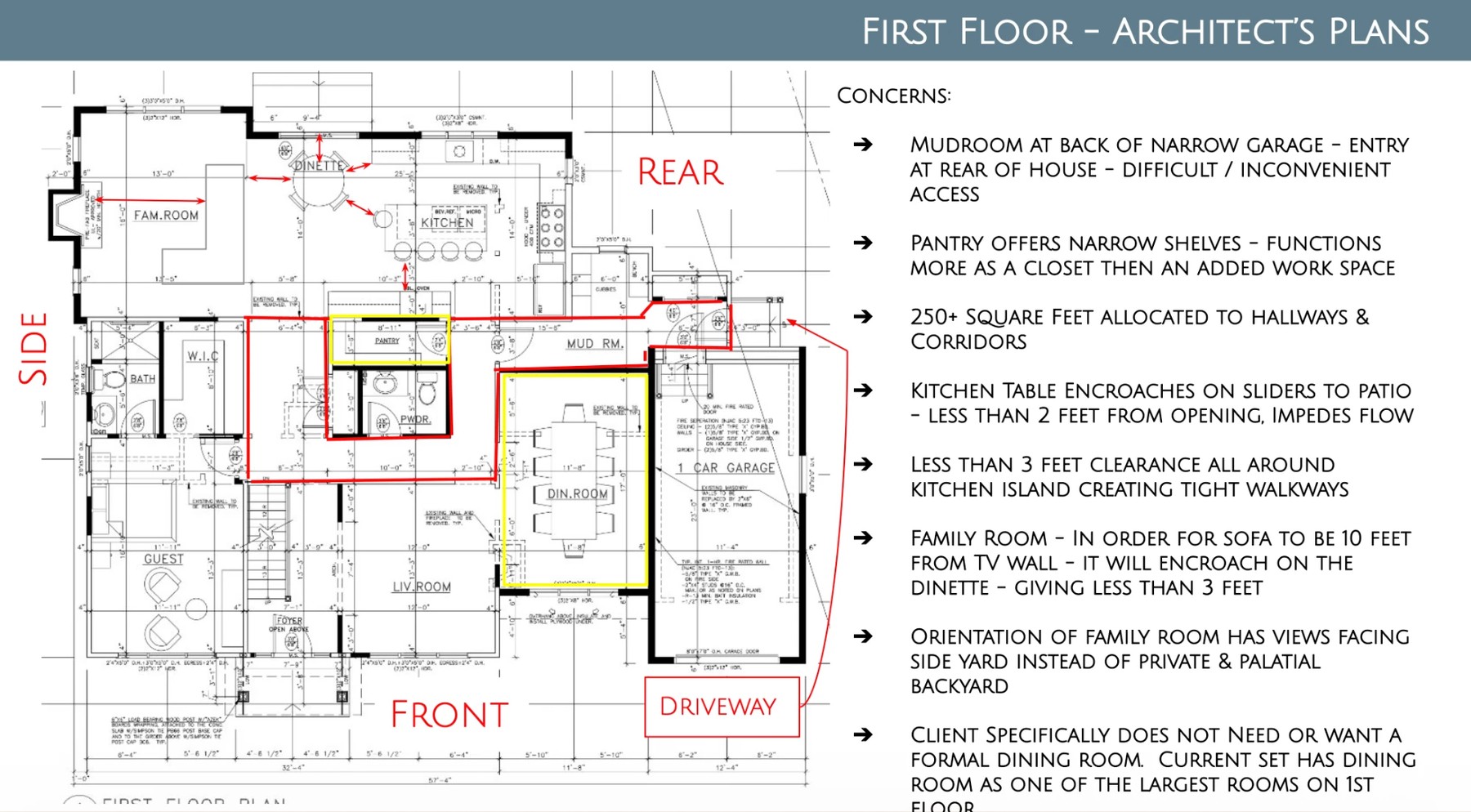 First floor — architect's plan, with Jess's concerns flagged