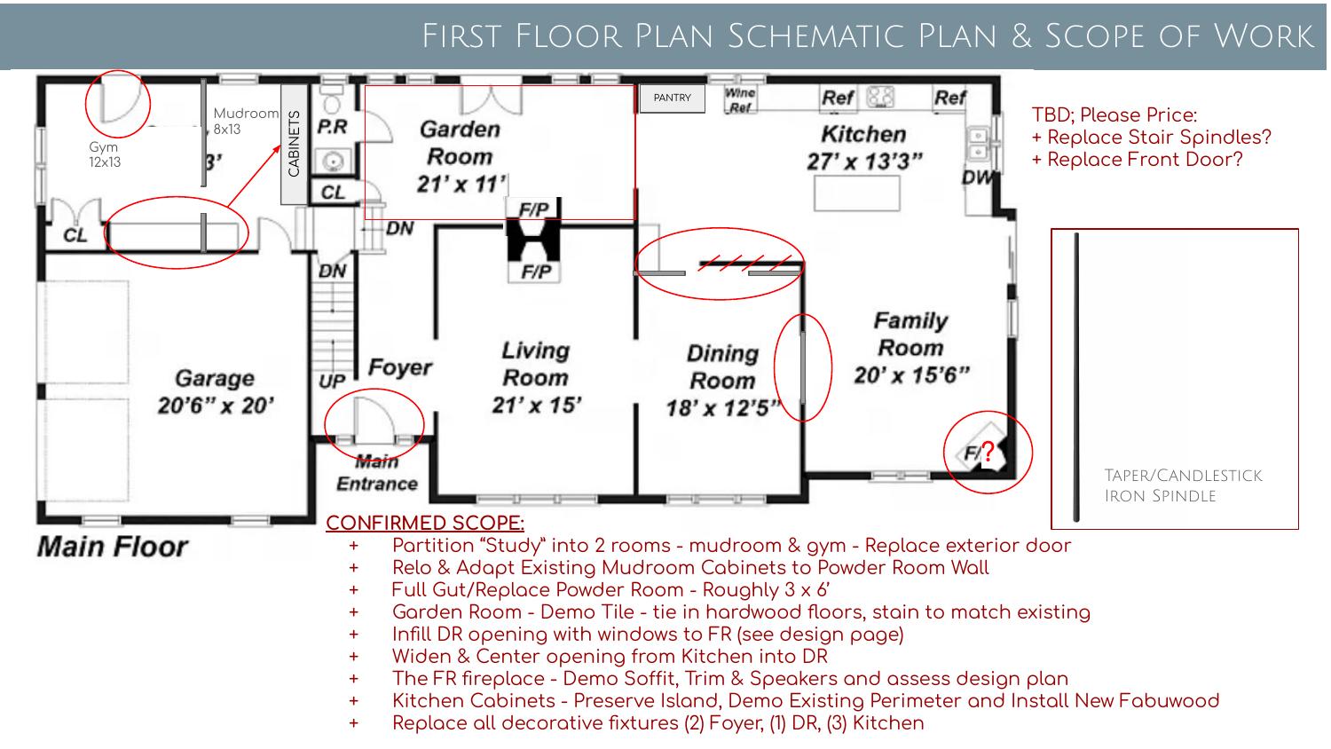 First floor — Jess's plan and scope, marked up